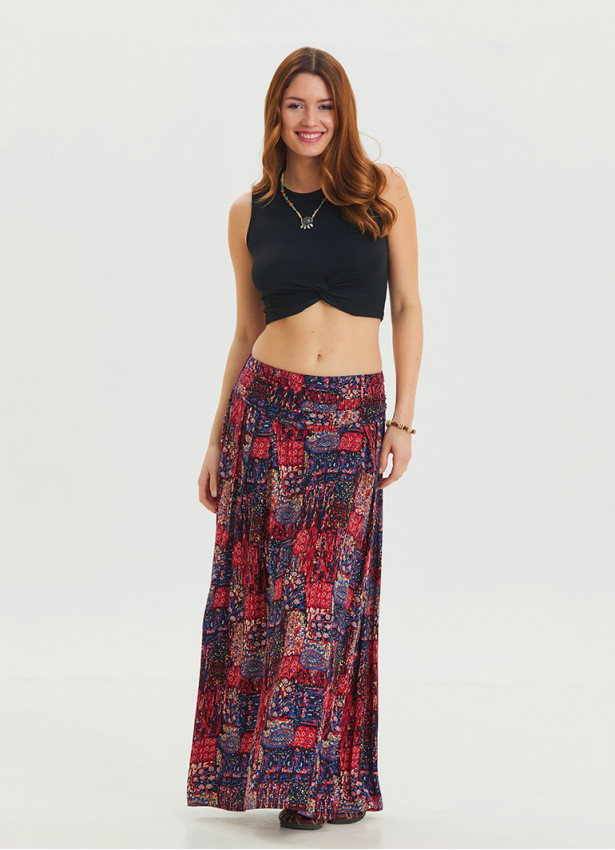 Red Ethnic Skirt with Elastic Waist and Drape Detail 4492